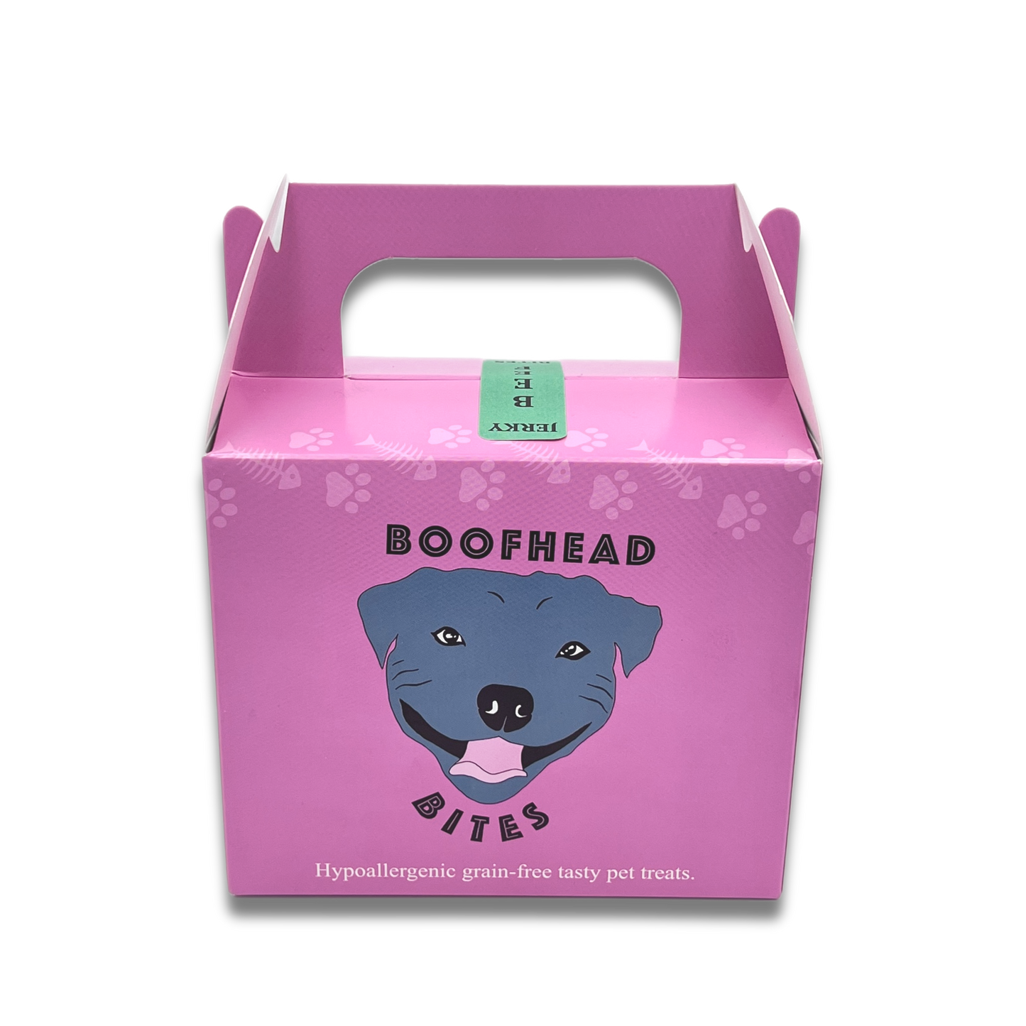 A pink box featuring a playful dog face design, adding a whimsical touch to any setting.