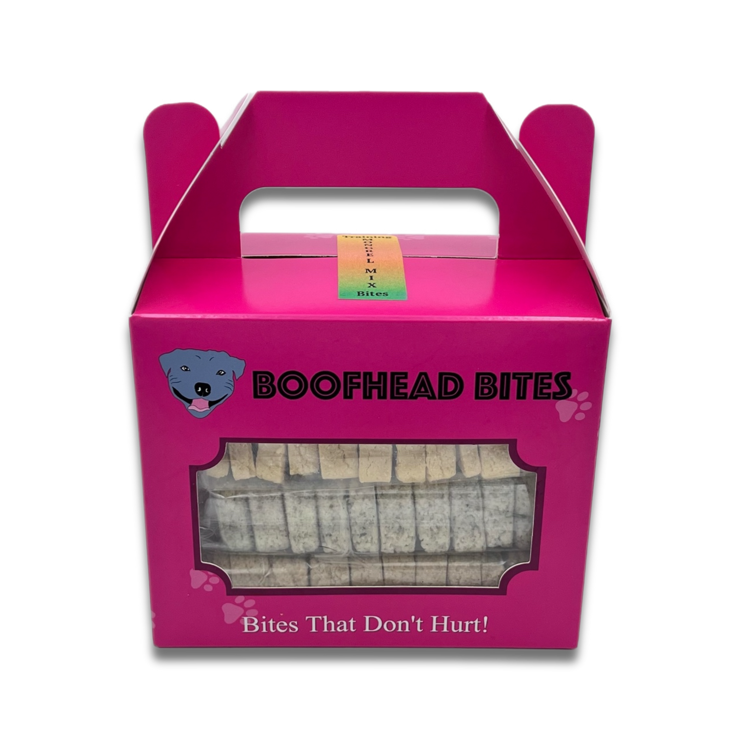 A box of Boofhead Bites featuring vibrant pink packaging, showcasing a fun and playful snack option