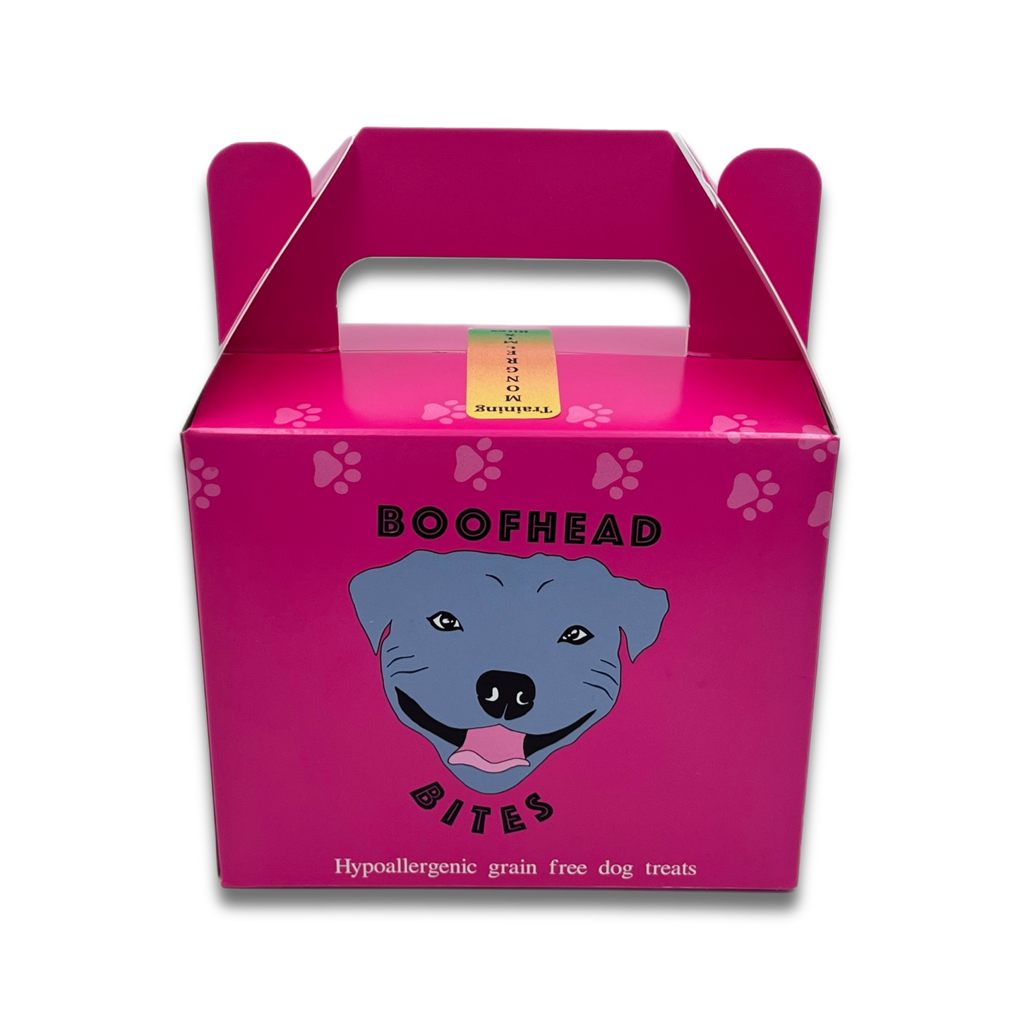 A pink box featuring a playful dog face design, adding a whimsical touch to any setting.