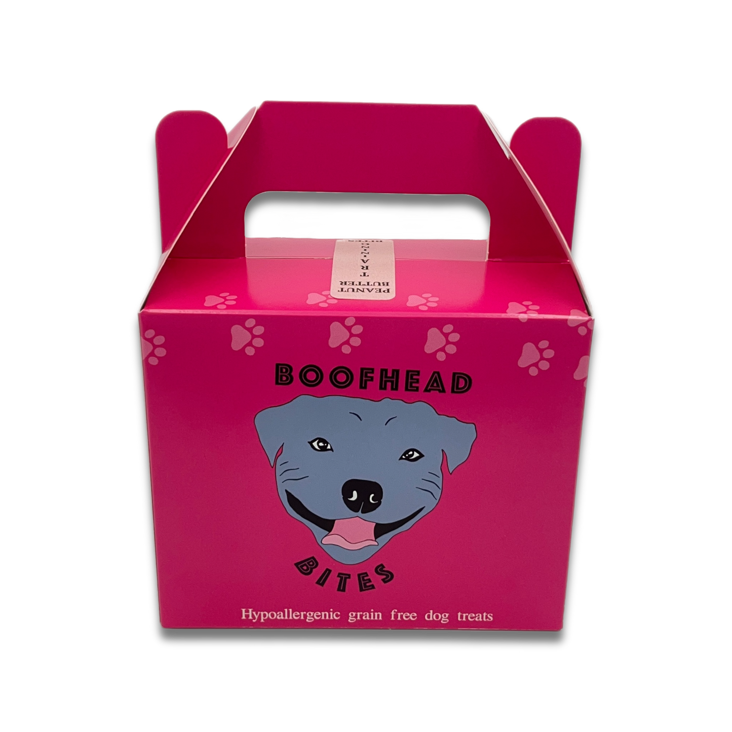 A pink box featuring a playful dog face design, adding a whimsical touch to any setting.