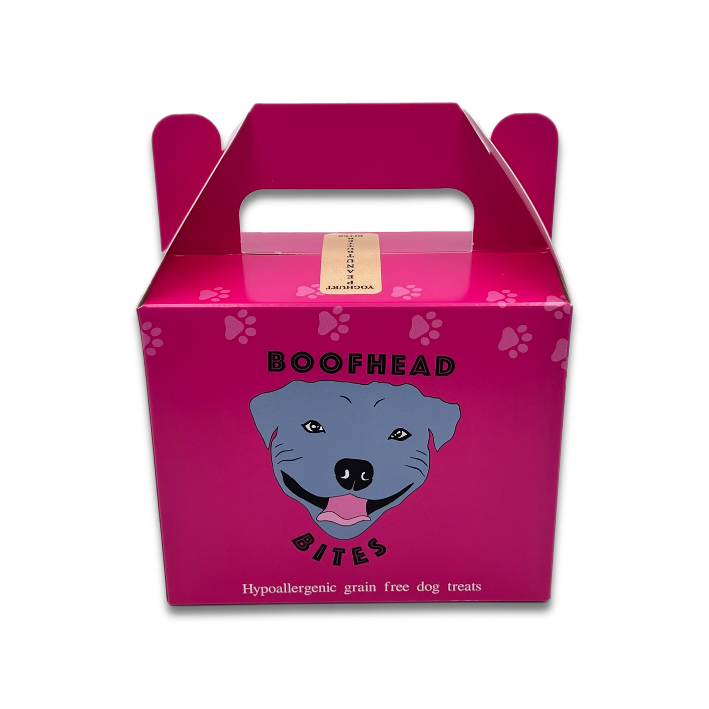 A pink box featuring a playful dog face design, adding a whimsical touch to any setting.