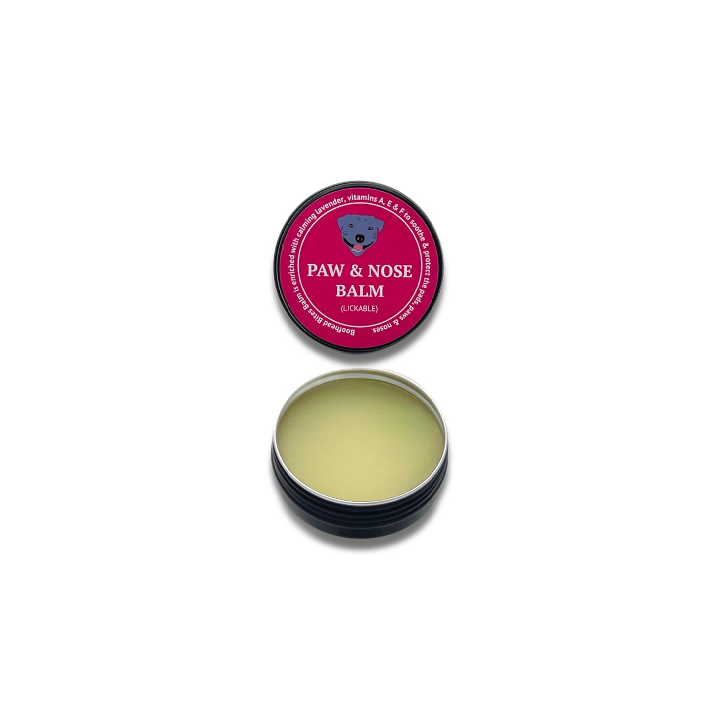 A tin of paw and nose balm featuring a pink and black design, showcasing a stylish and modern appearance.