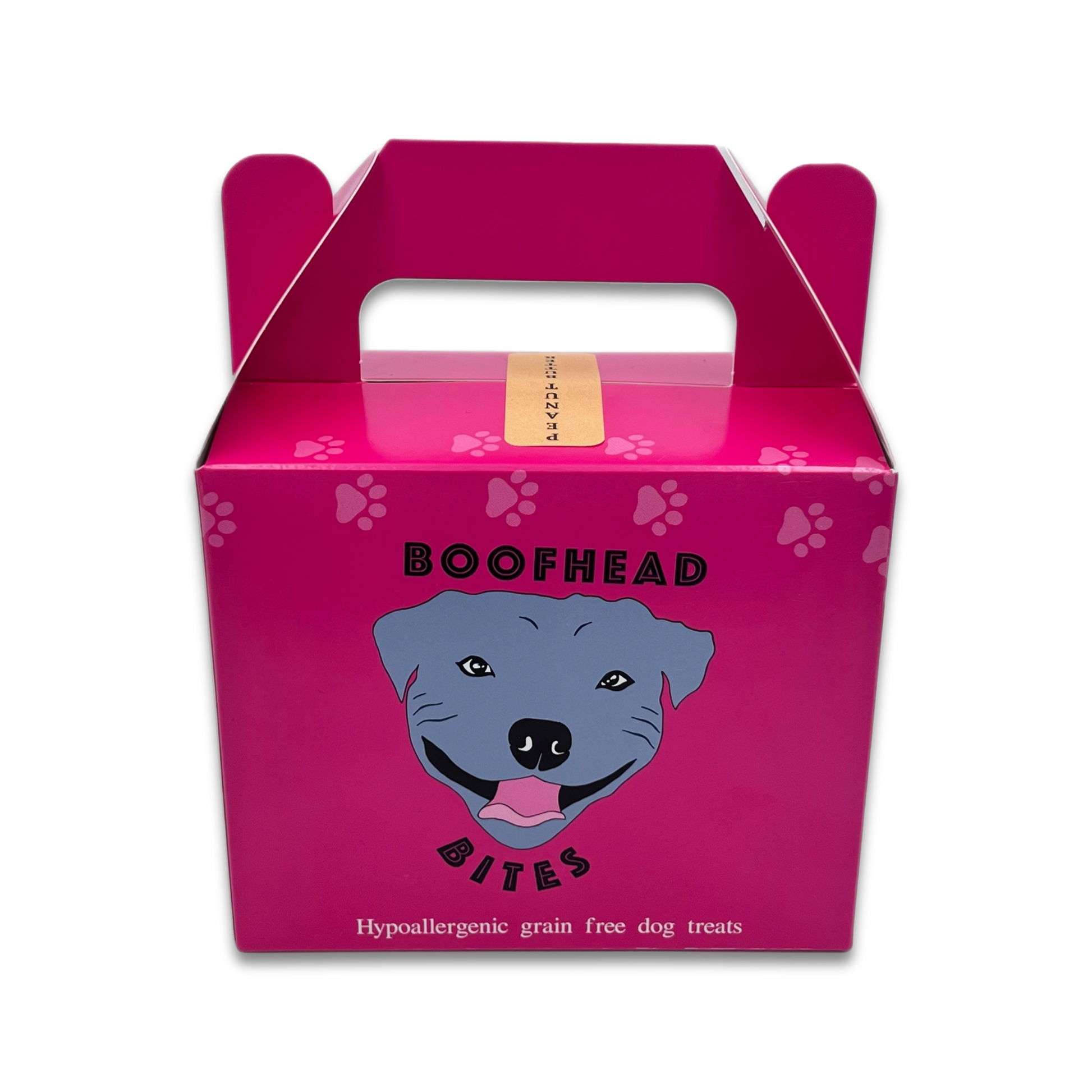 A pink box featuring a playful dog face design, adding a whimsical touch to any setting.